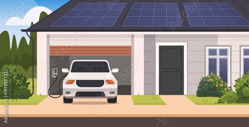 Charging a white electric car in a home garage. Eco friendly vehicle powered by a renewable source of clean energy. House with solar panels on the roof. Vector Not AI generated