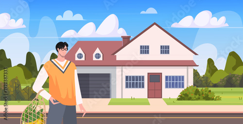 Man with glasses standing in front of a suburban home. He holds a green mesh shopping bag filled with groceries. Reusable mesh. Plastic-free shopping concept. Vector. Not AI generated.