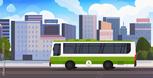 Electric bus. City eco transport. Sustainable clean energy. Ideal for themes related to green transport, environmental awareness, and modern infrastructure. Vector. Not AI generated