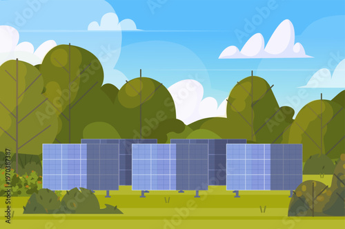 Solar panels generating green energy electric. Renewable electricity with zero emission concept. Vector Not AI generated