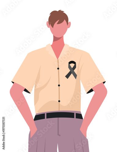  Melanoma and Skin Cancer Awareness Month. Portrait of a young modern man in casual clothes with a black awareness ribbon. Healthcare and medicine concept. Vector Not AI generated.
