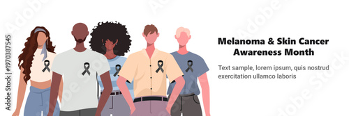 Melanoma and Skin Cancer Awareness Month. Group of people with black awareness ribbons on their clothing on white background. Supportive and engaging campaign. Vector Not AI generated.