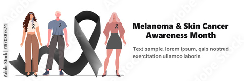 Three people stand in front of a large black awareness ribbon. Each wears a small ribbon on their chest. Melanoma and Skin Cancer Awareness Month.