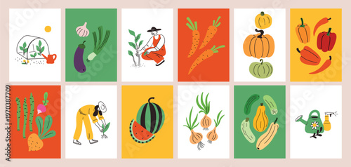 Seasonal fruits and vegetables, carrots, pumpkin, onions in simple doodle style. Farmers working in a field or garden. Local market, modern sketch, scribble illustration. Season of harvest autumn.