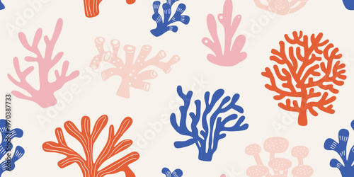 Abstract underwater flora, simple organic coral seamless pattern. Modern silhouette elements, sea or ocean summer collection. Reef nautical botany illustration. For decoration, print, design.