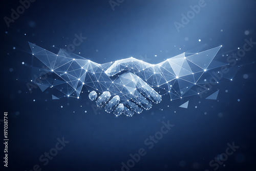 Digital handshake between two abstract hands in a blue background  