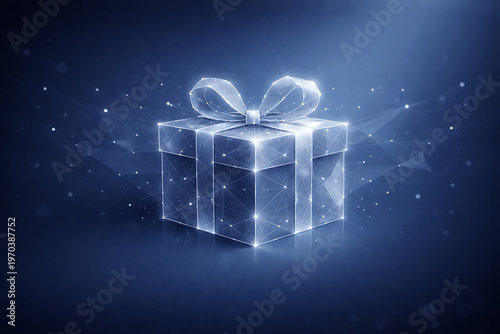 Illuminated gift box with ribbon on dark background  