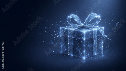 Sparkling gift box with glowing ribbon on dark background  