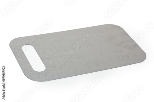 Stainless steel kitchen cutting board with handle isolated on white background