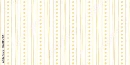 Modern yellow hand drawn seamless pattern with stripe and dotted lines in vertical rhythm. Doodle style, flat design. Great for fabric prints, baby products, stationery, wallpaper, packaging