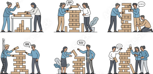 Group Jenga Game Icon Set with Team Collaboration, Stacking, and Fun Challenges for Family, Party, and Group Play.