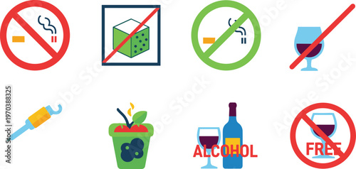 Health and Wellness Icon Set Featuring No Smoking, Alcohol-Free, Diet, and Healthy Lifestyle Symbols for Web, Apps, and Digital Media Designs