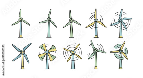Wind turbines in various designs.