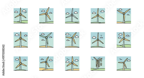 Wind turbines in various positions.