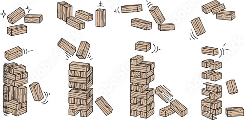 Jenga Game Icon Set with Wooden Blocks, Stacking, and Falling Action for Entertainment, Games, and Fun Activities.