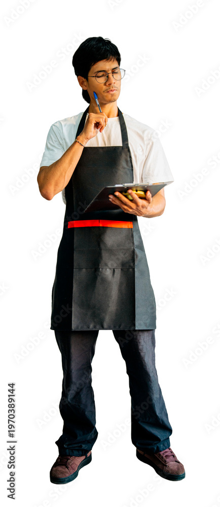 Obraz premium Man in apron holding clipboard and pen, thinking on transparent background
