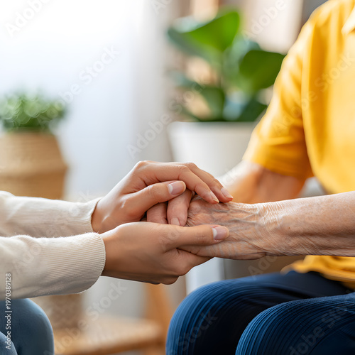 A younger hand gently holds an older person's wrinkled hand showing compassion and care.