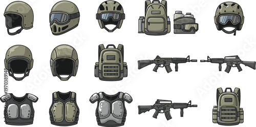 Military Tactical Gear Set with Helmets, Vests, Rifles, and Backpacks for Soldiers, Combat Teams, and Tactical Operations.