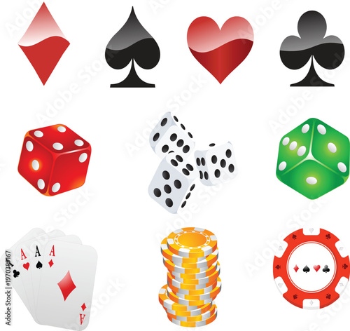 Set of casino gambling featuring playing card suits dice stacks of yellow poker chips and a red chip with card suit symbols on a white background