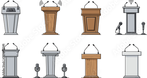 Podium and Microphone Icon Set Featuring Various Podium Designs and Public Speaking Equipment for Web, Apps, and Digital Media Designs