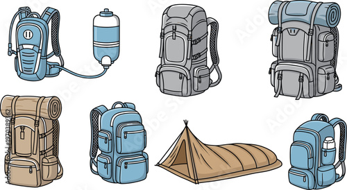 Outdoor Backpack and Camping Gear Set with Water Bladders, Sleeping Bags, and Tents for Hiking, Adventure, and Survival.