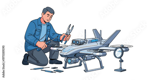 A focused male technician meticulously repairs a complex multi-rotor surveillance drone using hand tools on a clean white background with soft lighting.