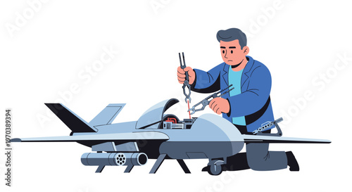 A skilled engineer carefully maintains a sophisticated fixed-wing unmanned aerial vehicle by adjusting internal wiring through an open hatch on a plain area.