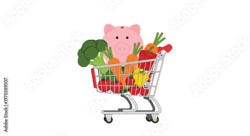 A silver metal shopping cart is overflowing with fresh green broccoli and bright orange carrots while a pink ceramic piggy bank sits among the vegetables.