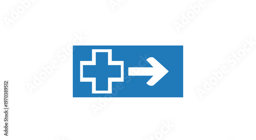 This minimalist blue horizontal signage features a prominent white medical cross symbol and a directional arrow pointing rightward for quick emergency facility navigation.