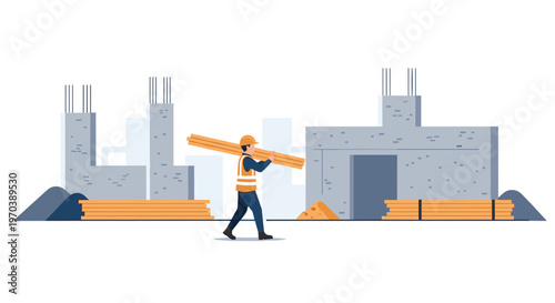 A diligent construction worker carries a stack of lumber across a busy building site featuring grey concrete pillars and unfinished architectural structures.