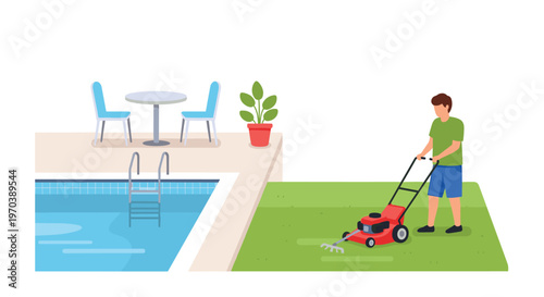 A young man in a bright green shirt pushes a red lawn mower across a neat patch of grass located right next to a clear and sparkling blue swimming pool.