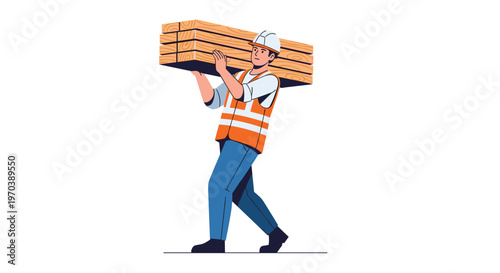 A strong construction worker wearing a white hard hat and an orange safety vest carries a heavy stack of wooden planks across a clean white background.