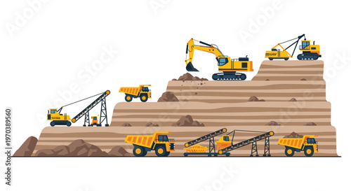 Heavy machinery including yellow excavators and large dump trucks operate on the terraced levels of an expansive open-pit mine under a clean white background.