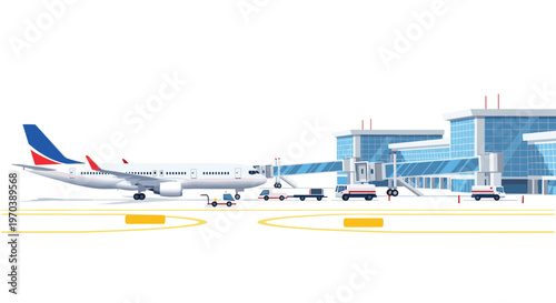 A large commercial airplane sits parked at a modern airport terminal gate connected by a blue jet bridge under a clear and bright white sky background.