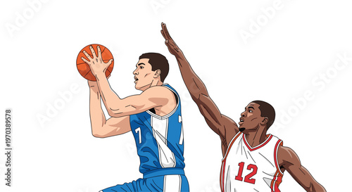 A professional basketball player in a vibrant blue jersey jumps to shoot the ball while a determined defender in white reaches up to block the shot.