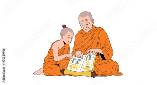 An elderly Buddhist monk wearing traditional saffron robes patiently instructs a young novice student while they both study an ancient golden religious scroll together.