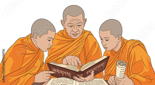 A group of three Buddhist monks including an elder and two young students are deeply engaged in reading a large sacred book with dark textured covers.