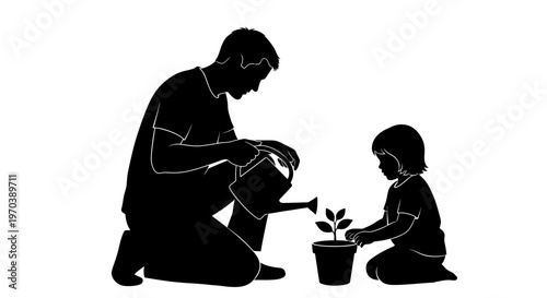 A heartwarming silhouette capturing a father and child bonding while nurturing a young plant, symbolizing growth, care, and the shared joy of nature's simple wonders