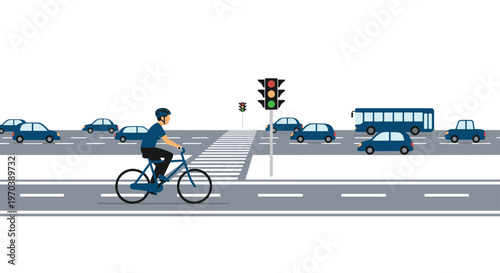 A determined urban cyclist navigates a blue bicycle through a busy city intersection filled with cars and a bus near a tall green traffic light today.