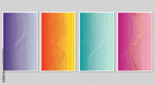 Set of four vibrant abstract gradient backgrounds with flowing wavy lines, perfect for modern digital designs, posters, covers, and artistic presentations