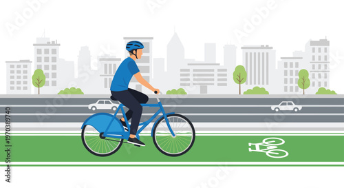A focused male cyclist in a blue helmet rides a matching bicycle along a dedicated green bike lane with a grey city skyline and trees in the back now.