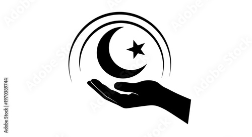Minimalist vector illustration of a caring hand holding a crescent moon and star symbol, encircled by abstract arcs, representing spirituality, faith, compassion, and support