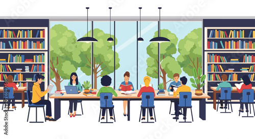 Diverse people read books and use laptops at a long communal table in a vibrant library flanked by tall bookshelves and large scenic window views now.