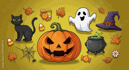 A vibrant collection of classic Halloween elements for festive holiday designs and spooky season projects, showcasing essential symbols of the autumn celebration