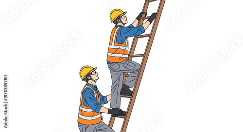 Two professional construction workers wearing bright orange safety vests and yellow hard hats carefully ascend a tall wooden ladder on white backdrop.
