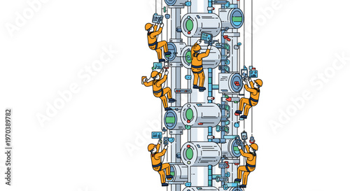 A team of skilled technicians in orange jumpsuits performs meticulous maintenance on a complex vertical industrial pipe system with many round gauges now.