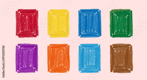 Abstract arrangement of eight distinct hand-drawn blocks rendered with vibrant crayon texture, showcasing a rich and colorful palette on a light-colored backdrop, evoking a playful artistic feel