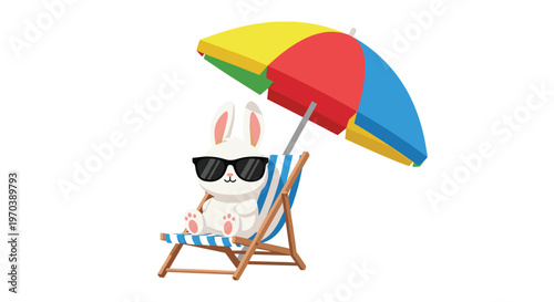 A cool white bunny wearing dark sunglasses relaxes comfortably in a blue striped beach chair under a vibrant multi-colored sun umbrella against white.