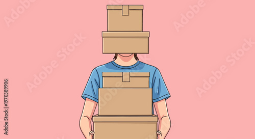 Person hidden behind stacked cardboard boxes, conveying a sense of being overwhelmed or burdened by possessions or responsibilities