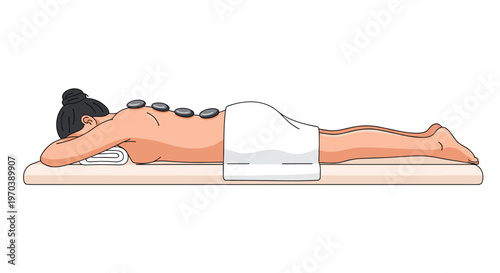 Detailed flat vector illustration of a relaxed woman lying prone on a professional massage table while receiving a therapeutic hot stone back treatment.